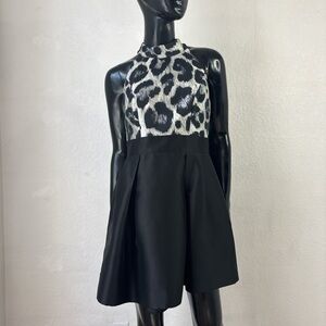 Theia Black and White Jacquard Animal Print Mini Dress